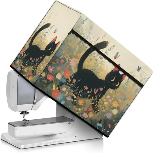 Miniatura 30 de Mumeson Cubierta antipolvo para máquina de coser de gatos negros con flores, para la mayoría de máquinas de coser estándar, plegable, duradera