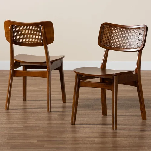 Miniatura 9 de Baxton Studio Tafari Mid-Century - Juego de sillas de comedor de 2 piezas con acabado marrón nogal y ratán Marrón nogal/marrón claro