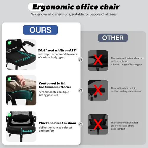 Miniatura 5 de Fizzin Silla de Oficina Ergonómica, Sillas de Computadora de 400 LBS con Soporte Lumbar Ajustable, Silla de Escritorio de Malla Transpirable Negro