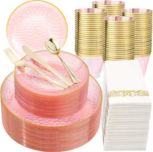 Miniatura 14 de DaYammi Juego de vajilla de plástico dorado transparente de 175 piezas, platos de plástico desechables martillados desechables para fiestas
