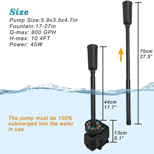 Miniatura 6 de DOMICA Bomba de estanque LED de 45 W 792 GPH con kit de fuente (3000 L/H), bomba sumergible para fuente de agua de jardín, para cascada, hidroponía