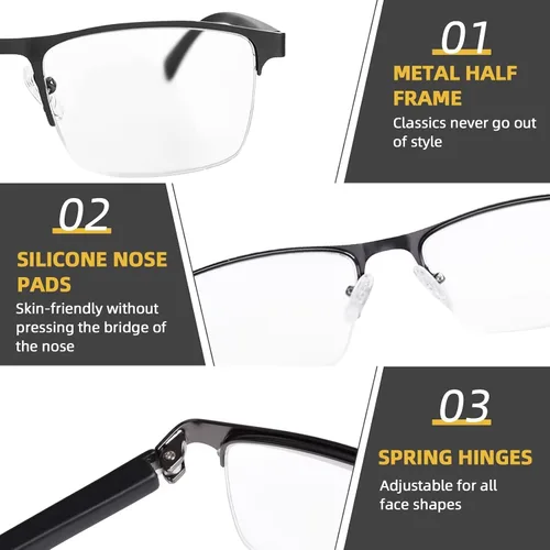 Miniatura 4 de FONHCOO - Gafas de lectura para mujeres y hombres, gafas de lectura con bloqueo de luz azul, metal, medio marco, lectores de computadora, anti Gris