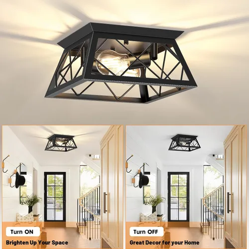 Miniatura 4 de FadimiKoo Lámpara de techo empotrada negra de 2 luces, lámpara de techo industrial para cocina de granja, lámpara de techo de jaula cuadrada