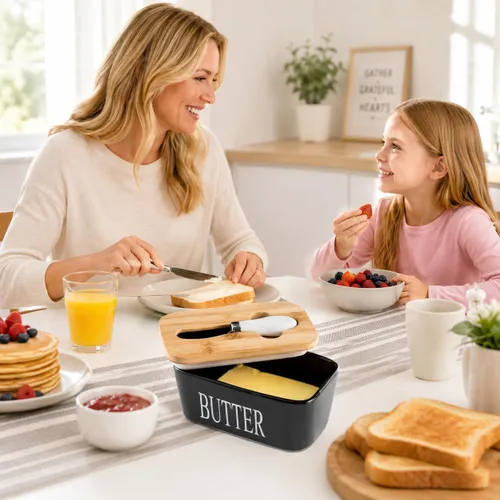 Miniatura 3 de Hasense Mantequillera con Tapa, Plato de Mantequilla de Cerámica con Cuchillo para Encimera, Recipiente Hermético Cubierto para Mantener Negro