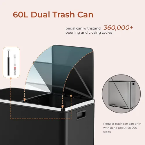 Miniatura 2 de Cubo de basura doble de 60 L (16 galones), cubo de basura de cocina de acero inoxidable, cubo de basura clasificado de doble compartimento, cubo