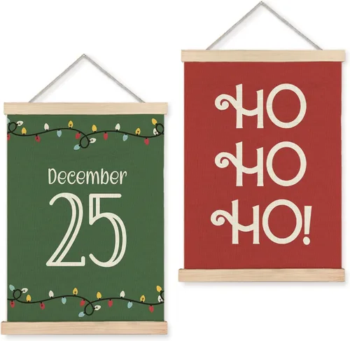 LUVADIAN Decoración de Pared Navideña, Arte de Pared de Luces Navideñas Hohoho con Colgador de Póster de Madera, Decoración de Pared Navideña,