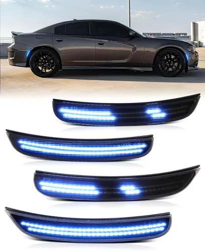 Miniatura 17 de Luces LED azules de marcador lateral para Dodge Charger 2015 2016 2017 2018 2019 2020 2021 2022 2023 2024, lámparas de parachoques delantero