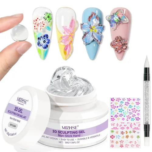 Miniatura 14 de MIZHSE Gel 3D de 1.06 oz para arte de uñas, gel transparente para esculpir uñas UV LED Soak Off Gel con lápiz de arte de uñas, diseño de uñas
