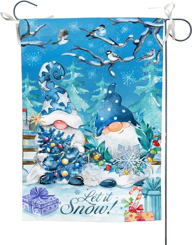 Bandera de jardín de copos de nieve de gnomo azul de doble cara, Let it Snow Invierno decorativo para casa, patio, bandera pequeña al aire libre,