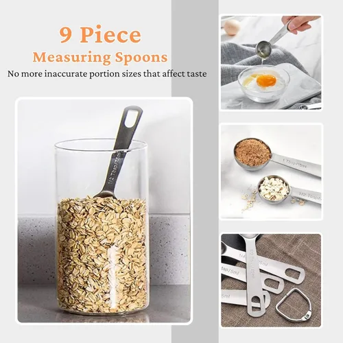 Miniatura 4 de Juego de 21 tazas y cucharas medidoras, incluye 7 tazas medidoras anidables, 9 cucharas medidoras y 5 mini cucharas, juego de medición de metal