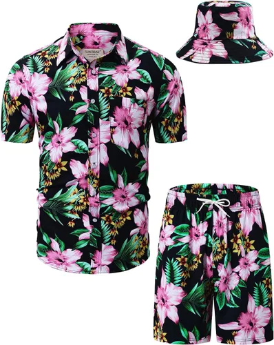 Miniatura 41 de TUNEVUSE Conjunto de camisas y pantalones cortos hawaianos para hombre, 2 piezas, trajes de playa con estampado de flores, traje tropical de verano