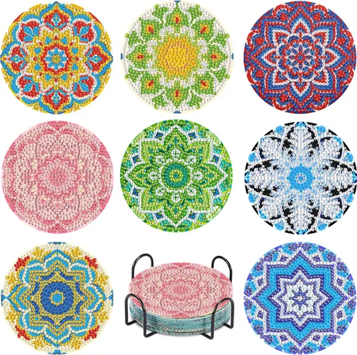 Miniatura 16 de Leatrice 6 piezas de posavasos de arte de diamante pequeños kits de pintura de diamante para adultos con puntos de diamante redondos, taladro