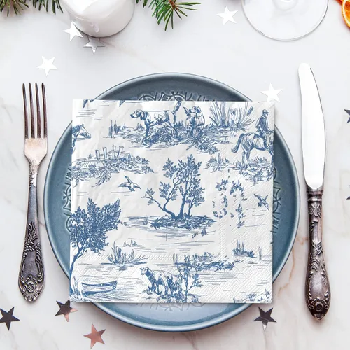 Miniatura 6 de AnyDesign 80 servilletas de papel azul y blanco clásicas con estampado de pueblo francés, servilletas desechables rústicas decorativas para cena