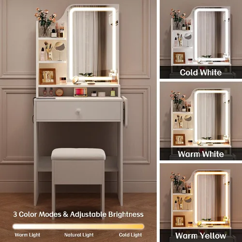 Miniatura 4 de Haewon Pequeño tocador con espejo y luces, tocador de maquillaje con estación de carga, juego de tocador compacto con silla de almacenamiento, cajón