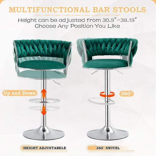 Miniatura 8 de Juego de 3 taburetes de bar verde esmeralda, modernos taburetes de bar giratorios de 360° con base plateada, sillas de bar de terciopelo, taburete