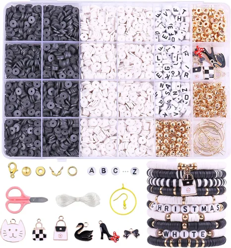 Wuollgess Kit de 3500 cuentas de arcilla blanca y negra para hacer pulseras, cuentas heishi de polímero para hacer joyas, kit de pulseras de amistad
