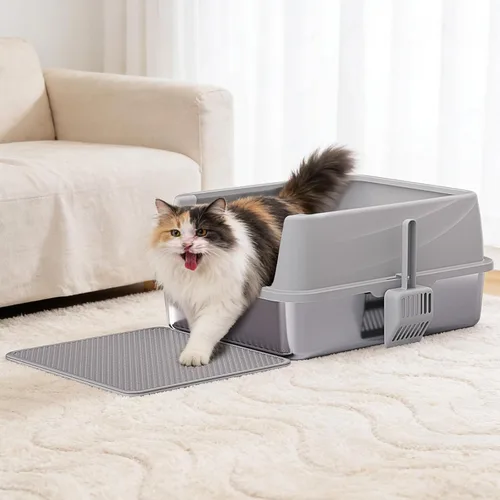 Miniatura 9 de Henkelion Caja de arena para gatos de acero inoxidable con tapa, caja de arena extra grande para gatos grandes con lados altos, antiadherente