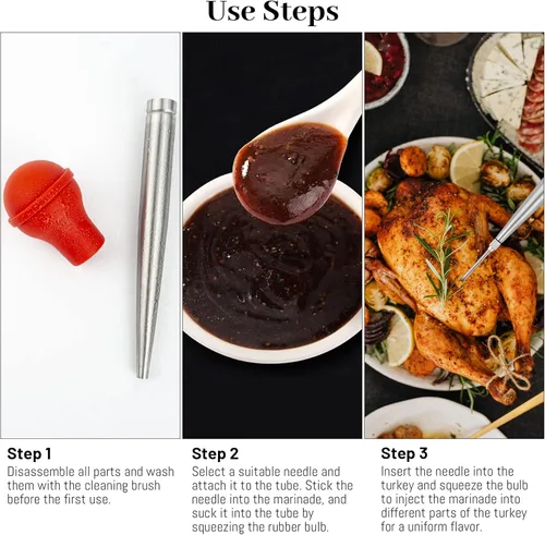 Miniatura 5 de Jeringa de pavo para cocinar, inyector grande de carne de acero inoxidable, con cepillo de limpieza y 2 agujas de adobo, color rojo