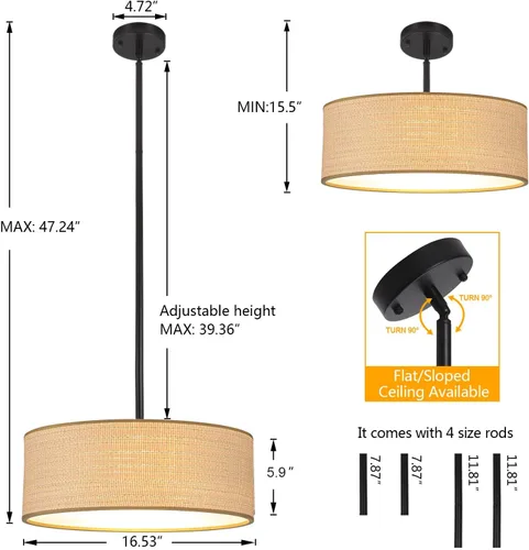 Miniatura 3 de Rattan Sloped Ceiling Light, 16.53" Woven Semi Flush Mount Boho Fabric Drum Shade, Pendant Lighting, for Dining Room, Foyer, Living Room, Hallway