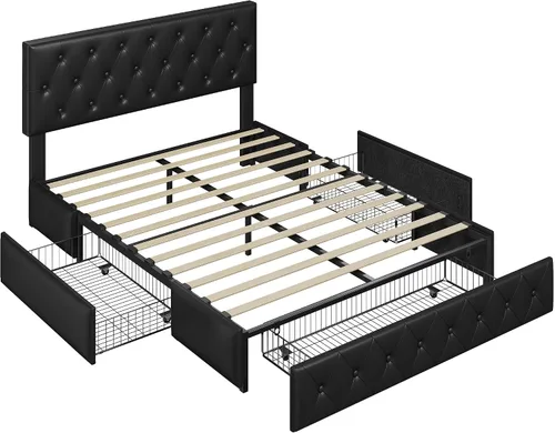 Miniatura 8 de Topeakmart Base de cama de plataforma tapizada tamaño Queen con cabecera ajustable en altura y 3 cajones de almacenamiento, base de colchón de piel