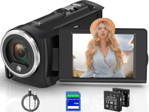 Muitune Cámara de video QHD 2.7K 56MP 16X Zoom digital Vlogging Cámara con luz de relleno LED para YouTube, 2.8 pulgadas 270 grados de rotación LCD