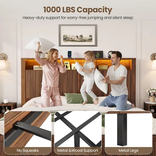 Miniatura 6 de CypBed Base de cama de tamaño matrimonial con cabecera y cajón de almacenamiento, marco de cama matrimonial con luz LED y puerto de carga, diseño