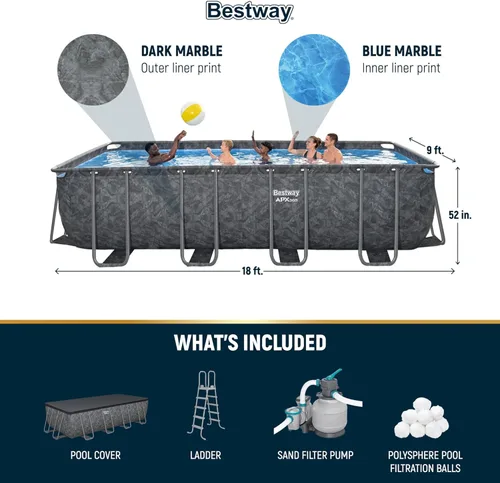 Miniatura 3 de Bestway APX 365 - Piscina sobre el suelo de 18 x 9 x 52 pulgadas, juego de piscina rectangular con marco de metal para exteriores con bomba