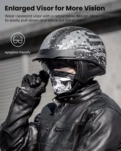 Miniatura 5 de ILM Medio casco de fibra de vidrio para motocicleta con visera para motocicleta, crucero, ciclomotor, scooter DOT modelo A213 Bandera patriótica.