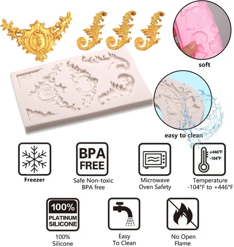 Miniatura 3 de Moldes barrocos de silicona para alivio de chocolate, molde de pergamino de plumas de borde para decoración de pasteles de boda, adornos de Molde