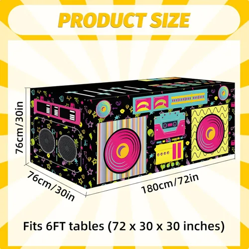 Miniatura 2 de Mantel rectangular de 6 pies de los años 80 y 90, con estampado de altavoz estéreo de radio retro, funda de mesa de tela lavable para cumpleaños