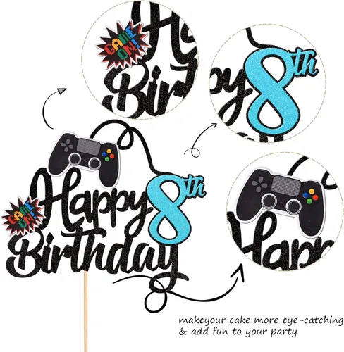 Miniatura 3 de 1 pieza de decoración para pastel de videojuegos Feliz 8vo Cumpleaños con purpurina, palillo para pastel de videojuegos Game On con controladores