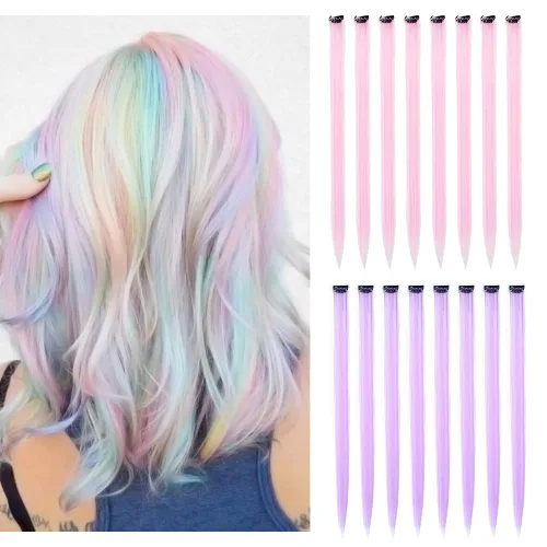 Miniatura 21 de 16 piezas de extensiones de cabello con clip de color púrpura, varios colores, para fiestas, clip en postizo sintético, para Halloween, cosplay