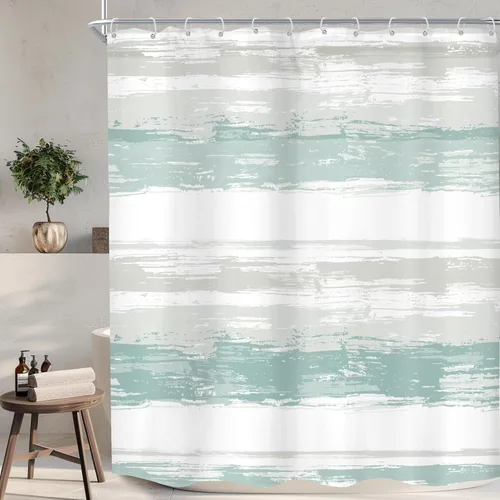 Miniatura 21 de KOMLLEX Cortina de ducha abstracta azul para decoración de baño, 72 pulgadas de ancho x 72 pulgadas de alto, moderna, a rayas blancas y grises