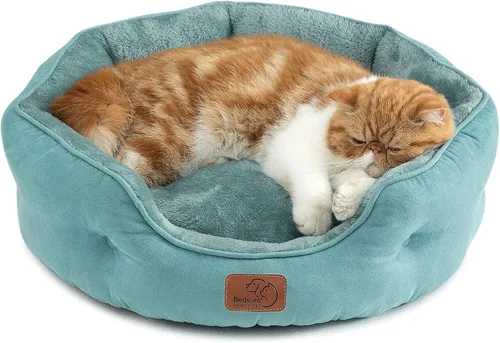 Miniatura 13 de Bedsure Camas refrescantes para perros pequeños, camas redondas para gatos de interior, cama lavable para cachorros y gatitos con parte inferior Azul
