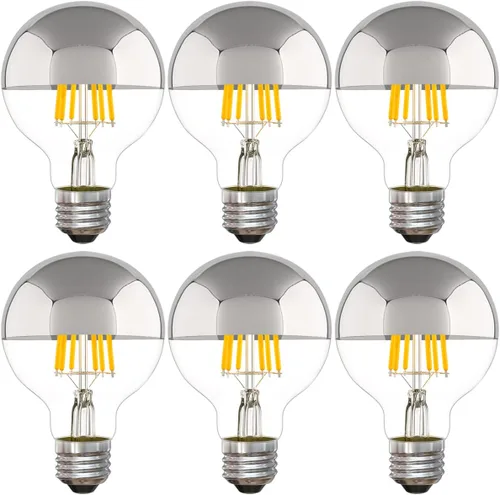 Bombilla media cromada de 6 W (equivalente a 60 vatios), globo G25 regulable de 5000 K, bombilla LED Edison decorativa con punta plateada, base E26,