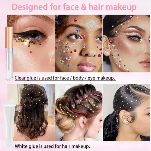 Miniatura 2 de Gemas de diamantes de imitación para el cabello con pegamento de maquillaje, parte trasera plana, joyas coloridas de cristal medio redondo perla