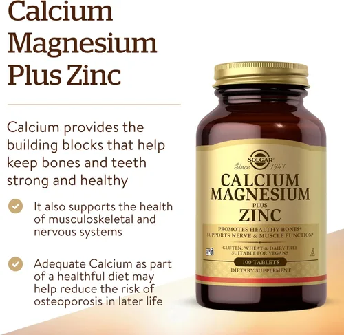 Miniatura 3 de Solgar Calcio y magnesio más zinc, 100 tabletas, promueve huesos y dientes saludables, apoya la función nerviosa y muscular, sin OMG, vegano, sin