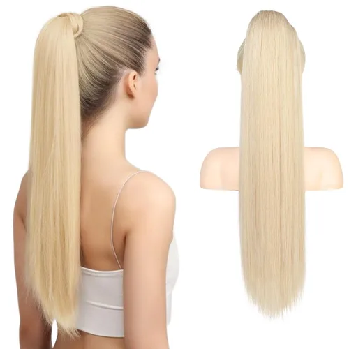 Miniatura 13 de Flufymooz - Extensión de cola de caballo de 26 pulgadas, extensiones de cabello con cordón y clip rectas, cola de caballo falsa natural suave