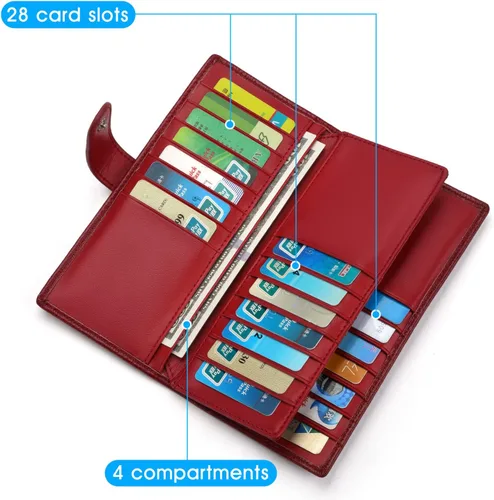 Miniatura 4 de Cartera de piel auténtica para mujer con bloqueo RFID, Rojo oscuro, Plegar y Negocios