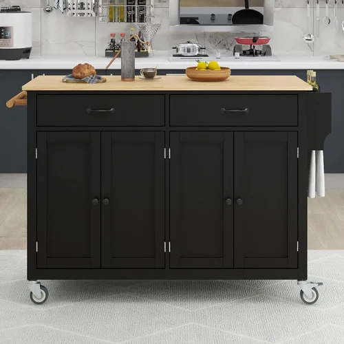 Miniatura 2 de P PURLOVE Carrito de madera para isla de cocina con ruedas de bloqueo, carrito utilitario rodante con 2 cajones y 4 puertas de gabinete, estante