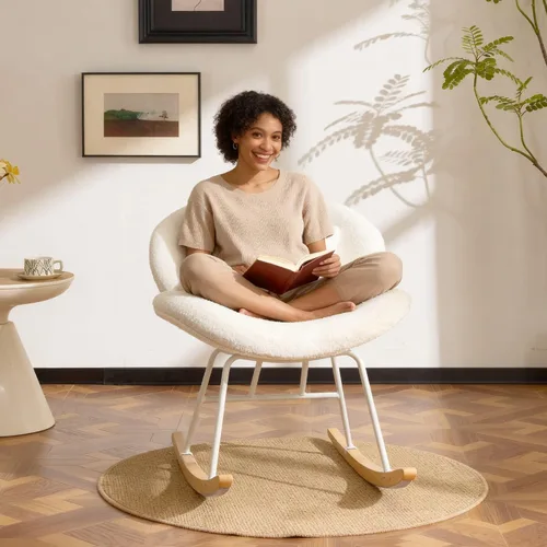 Miniatura 16 de VINGLI Silla mecedora de guardería extra ancha de 25.6" de 115° sin brazos, silla deslizante curvada linda con patas en X con almohada y madera
