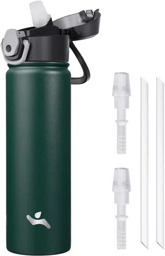 Konokyo Botella de agua aislada de 22 onzas con pajilla, asa de transporte, verde militar