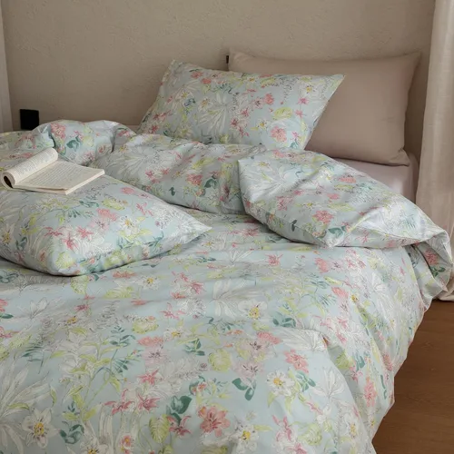Miniatura 36 de Juego de funda de edredón blanca con estampado floral azul, juego de ropa de cama de algodón suave estilo bohemio, juego de ropa de cama estética