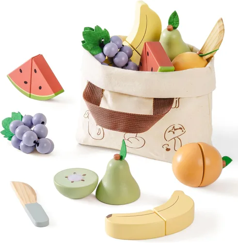 Miniatura 13 de ROBOTIME Juego de Comida de Juguete de Madera para Cortar Pan, Juguete de Comida de Simulación para Cocina de Juguete con Bolsa de Compras