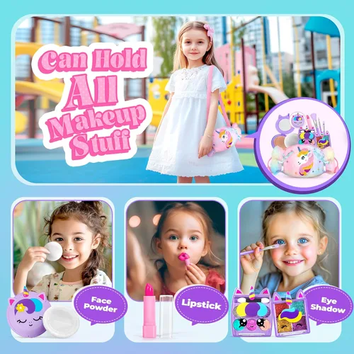 Miniatura 4 de ULOVEME Kit de maquillaje real para niñas con bolso esponjoso, juguete de maquillaje real, no tóxico, lavable, juguetes de Umicorn, regalo