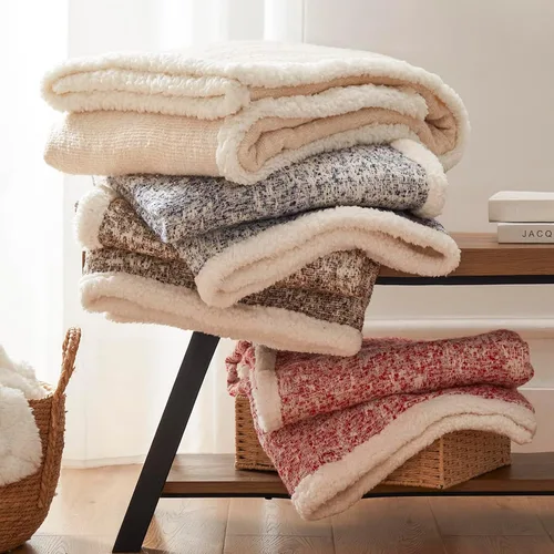 Miniatura 2 de SE SOFTEXLY Manta reversible de sherpa con 30% lana y 70% algodón, manta suave y esponjosa, manta de otoño e invierno para sofá, cama, silla