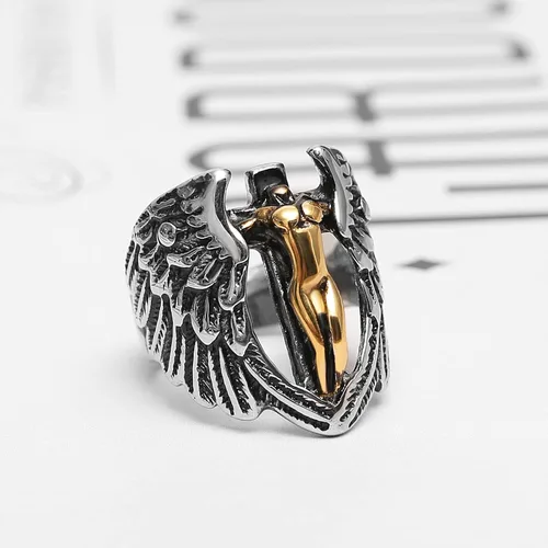Miniatura 4 de HZMAN Anillo de acero inoxidable con alas de ángel de plumas de diosa de arcángel vintage