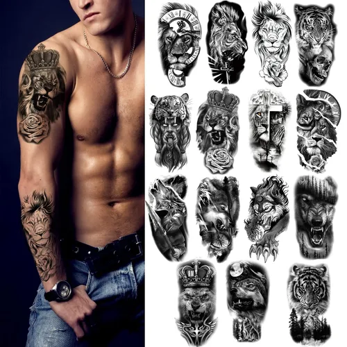 Miniatura 2 de Tatuajes temporales de animales, 15 hojas de tigre negro león lobo tótem adulto tatuajes temporales, tatuajes falsos hombres