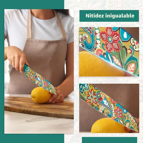 Miniatura 4 de Astercook Juego de cuchillos con diseño de cachemira con tapa, cuchillos coloridos aptos para lavavajillas con 6 fundas de cuchillos, juego