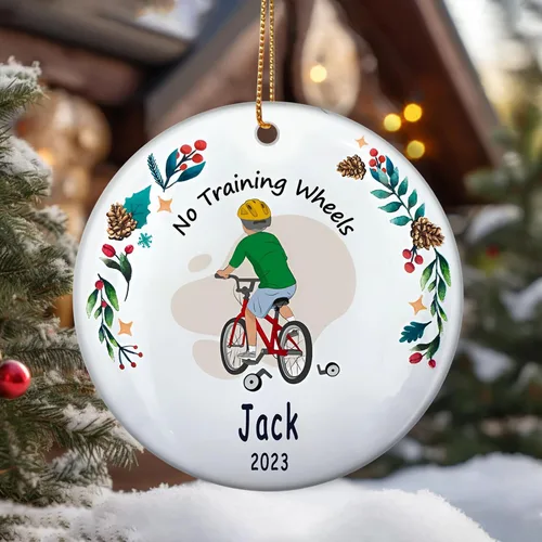 Adorno de Navidad personalizado sin ruedas de entrenamiento para montar en bicicleta, regalos de bicicleta para Navidad, adornos para niños,
